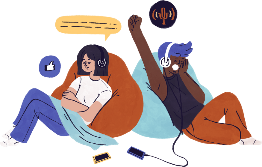Organic Detailed Friends On Bean Bag Chairs Listening to Podcast